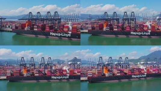 深圳盐田港货轮桥吊集装箱工作左环绕高清在线视频素材下载