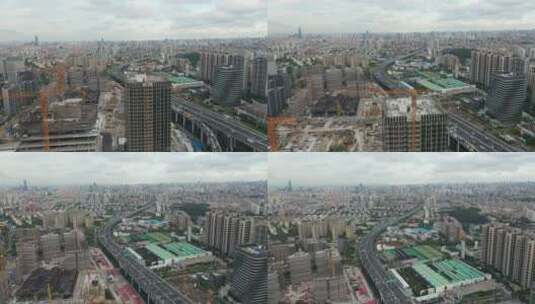 航拍上海城市发展建设，高架桥高清在线视频素材下载