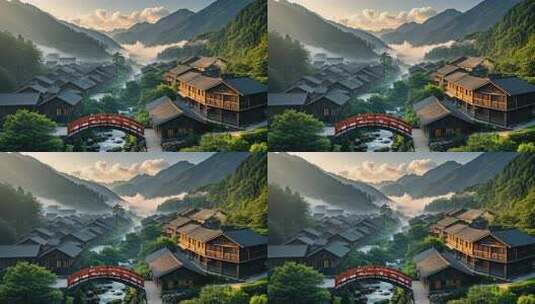 古镇吊脚楼晨雾炊烟江南水乡人文风情高清在线视频素材下载