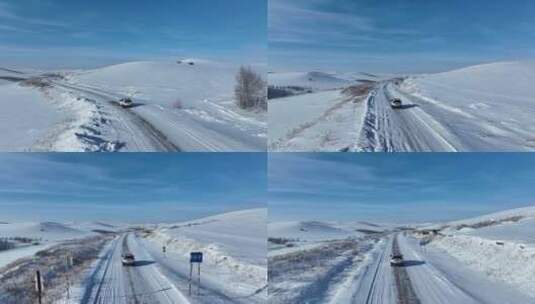 追拍丘陵地带冰雪道路汽车行驶高清在线视频素材下载