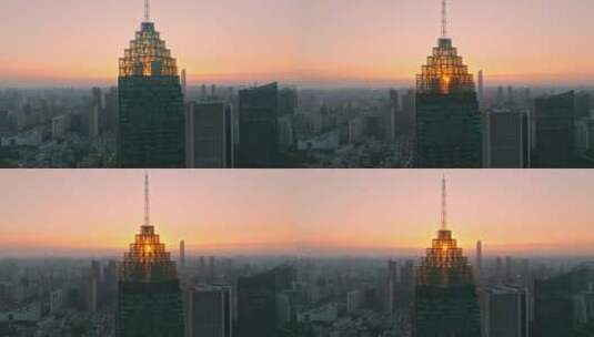 4K武汉民生银行大厦楼顶玻璃里的夕阳高清在线视频素材下载
