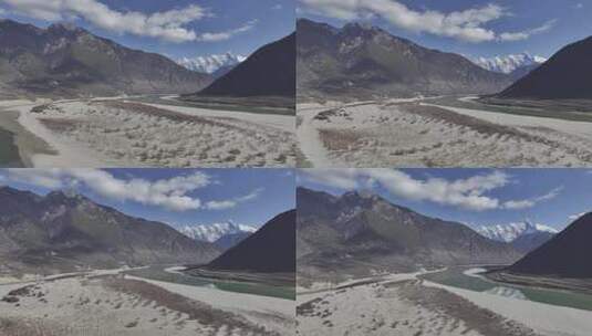 西藏派墨公路雪山高山湖泊道路车辆航拍高清在线视频素材下载