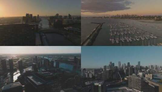 城市航拍墨尔本日出澳大利亚摩天大楼海港高清在线视频素材下载