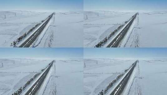 内蒙古呼伦贝尔雪原公路自然风光航拍高清在线视频素材下载