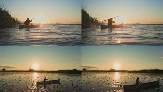 男子湖面划船高清在线视频素材下载