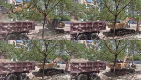 挖掘机在城市街道路面进行管沟开挖高清在线视频素材下载