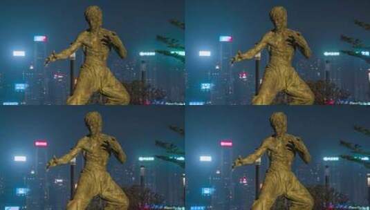 香港李小龙雕像夜景固定延时高清在线视频素材下载