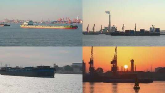 夕阳长江江面行驶货船高清在线视频素材下载