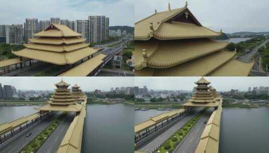 柳州凤凰大桥风雨桥航拍4K高清在线视频素材下载