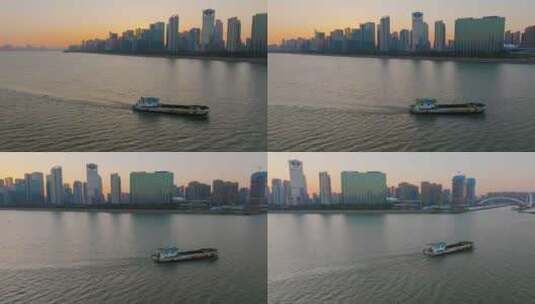 杭州钱江新城钱塘江沿江两岸夕阳风光高清在线视频素材下载
