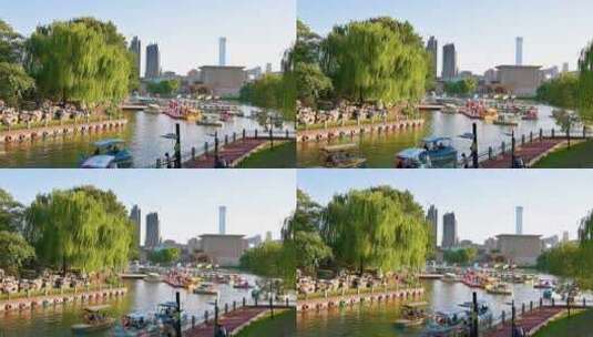 秋天节假日朝阳公园湖面游船高清在线视频素材下载