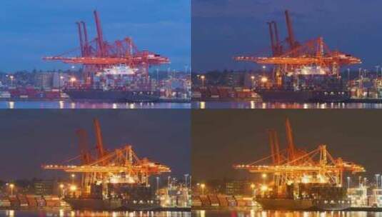 延时拍摄夜晚的物流港口工作高清在线视频素材下载