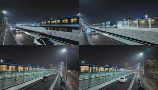 夜晚跟随拍摄一列南京地铁驶出中华门站高清在线视频素材下载