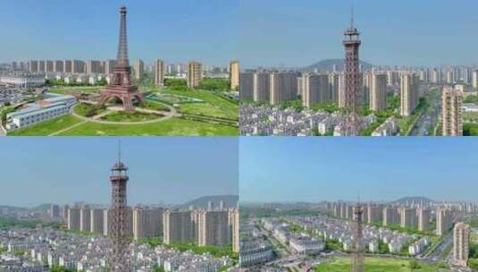 杭州郊区临平区小埃菲尔铁塔巴黎铁塔航拍城高清在线视频素材下载