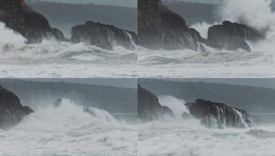 惊涛骇浪，海浪拍打岸边礁石高清在线视频素材下载