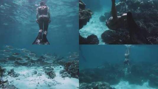 比基尼美女潜水玩乐海浪鱼群珊瑚礁高清在线视频素材下载