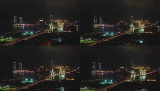 海南海口海滨新城城市车水马龙夜景灯光航拍高清在线视频素材下载