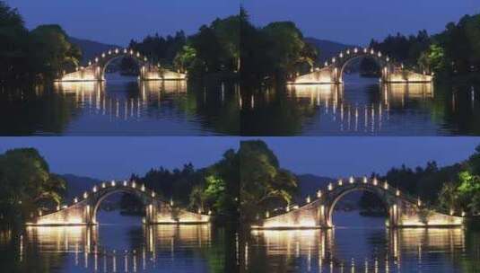 航拍杭州湘湖石拱桥夜景高清在线视频素材下载