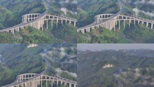 湘西石家寨大桥清晨平流雾航拍高清在线视频素材下载