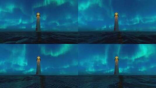 夜晚星空和北极光下的海上灯塔高清在线视频素材下载