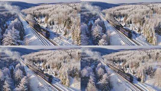 冬日雪地火车行驶铁轨交通白雪冰雪世界旅途高清在线视频素材下载