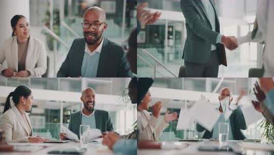 握手，成功或兴奋的商人在会议上庆祝胜利、高清在线视频素材下载