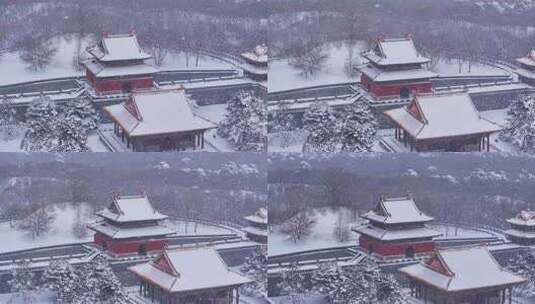 辽宁沈阳北陵公园清昭陵大雪中古建筑航拍高清在线视频素材下载