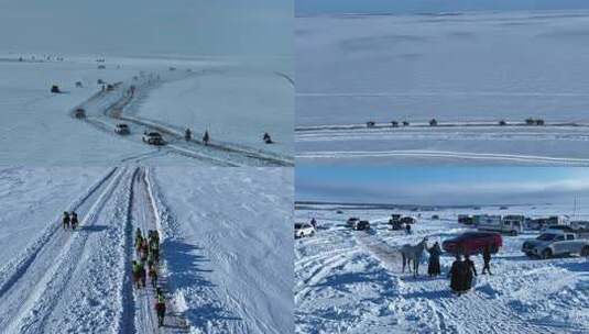 内蒙锡尼河十五庙会雪原赛马场景高清在线视频素材下载