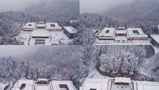 航拍天台山华顶讲寺古建筑鸟瞰雪景高清在线视频素材下载