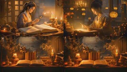 挑灯夜读 古风美女 古代唯美古典韵味场景高清在线视频素材下载