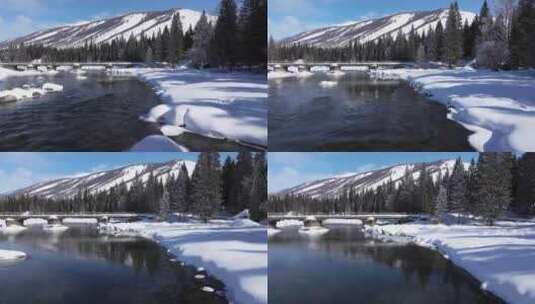 航拍新疆冬季喀纳斯河流晨雾雪山森林雪景高清在线视频素材下载