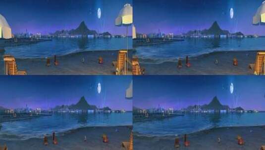 三维夜景沙滩海浪休闲娱乐度假区动画高清在线视频素材下载
