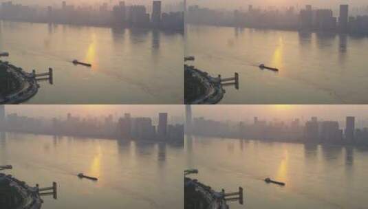 武汉江滩航拍夕阳码头长江船日落高清在线视频素材下载