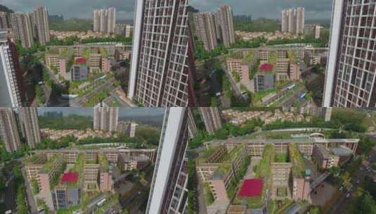 4k航拍，穿过林立的高楼，远看深圳玉龙学校高清在线视频素材下载