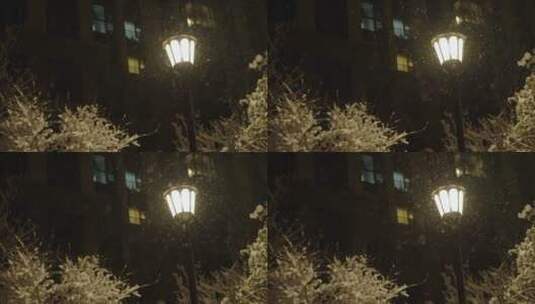 小区下雪夜景唯美飘雪高清在线视频素材下载