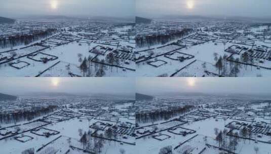 航拍东北林区冬季日暮雪村高清在线视频素材下载