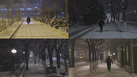 雪夜城市行人街道车流行人空镜高清在线视频素材下载