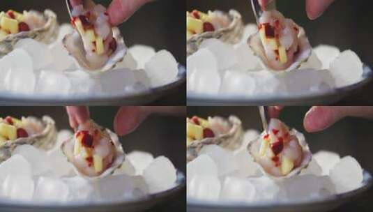 牡蛎贝壳中装入食物高清在线视频素材下载