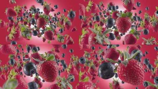 红色背景前的草莓和蓝莓动画高清在线视频素材下载