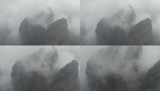 浙江衢州江郎山云雾环绕航拍日景高清在线视频素材下载