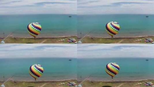 青海海南藏族自治州青海湖二郎剑景区热气球高清在线视频素材下载