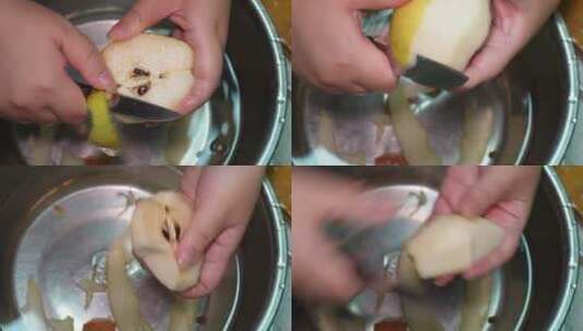 清洗切开的智利彩啤梨进口水果梨子高清在线视频素材下载