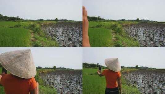 戴着越南锥形帽的年轻女子走在农场里高清在线视频素材下载
