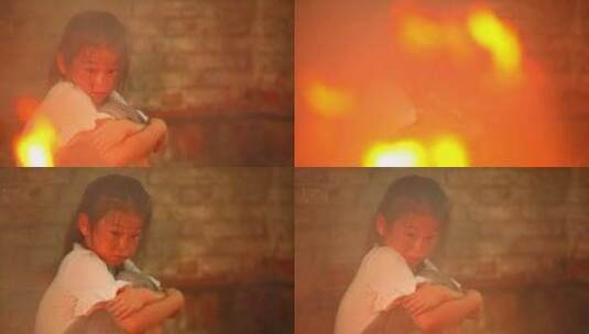 小女孩被困火场无助害怕高清在线视频素材下载