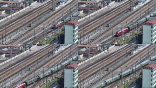 航拍铁路交通怀旧绿皮火车高清在线视频素材下载