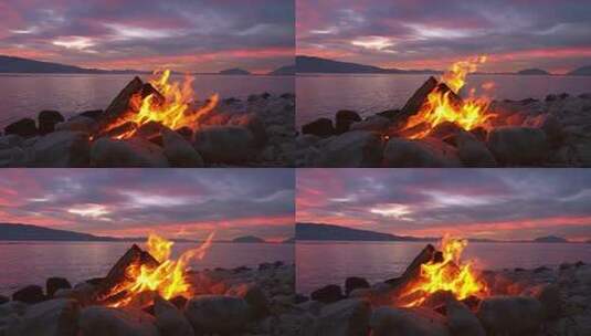 夕阳西下海边旁的篝火燃烧木材燃烧户外露营高清在线视频素材下载
