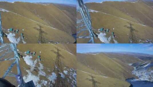 4K西藏5200雪山铁塔组立第一视角横担就位08高清在线视频素材下载