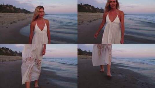 迷人的女人在日落时享受海滩高清在线视频素材下载