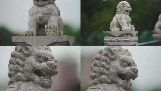 古朴的桥边立着充满年代感的石狮子高清在线视频素材下载