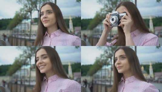 女孩用复古相机拍照高清在线视频素材下载